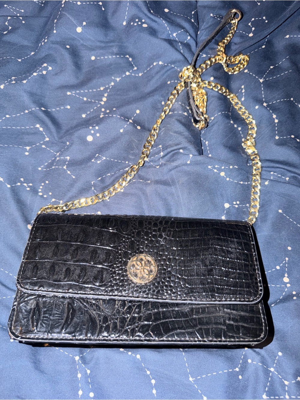 GUESS Black Croc-Embossed Chain Shoulder Bag - Gold Hardware